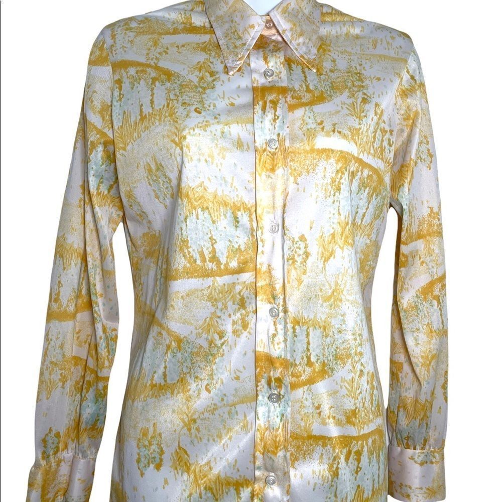 Vintage 1970s Vera Button Down Geometric Long Sleeve Shirt M Saffron Marigold - Picture 8 of 15